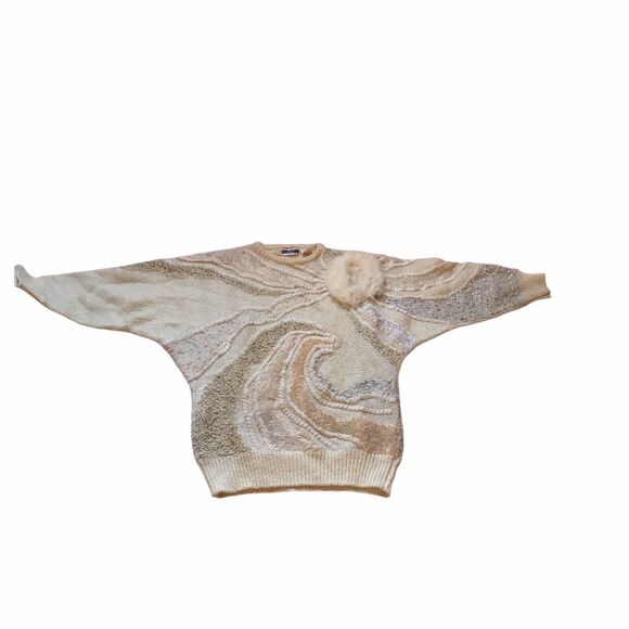 Vtg 80s Mariea Kim Sweater M Beige 3D Textured Applique Dolman Sleeve Artwork - Picture 3 of 9